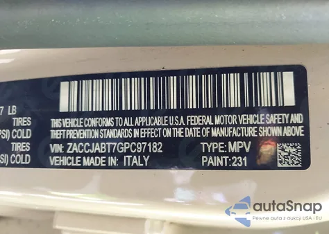 2016 Jeep Renegade 75Th Anniversary from USA, damaged, VIN ZACCJABT7GPC97182